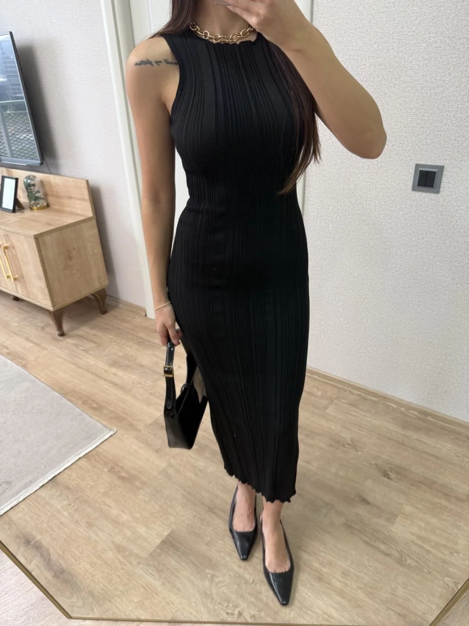 Fitilli Triko Elbise Kolsuz Sırtı Kapalı Maxi Uzun Boy - Siyah - Görsel 4