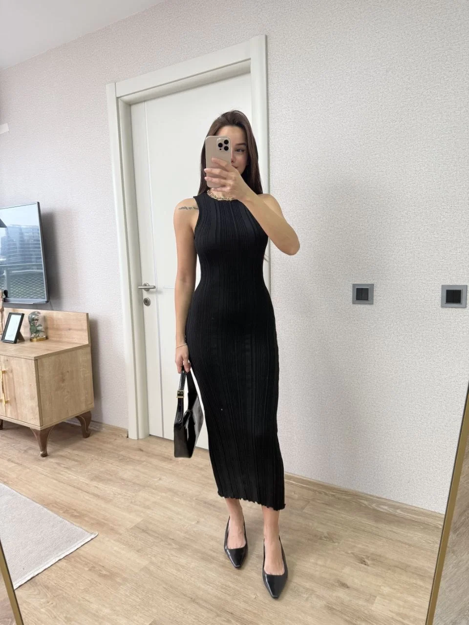 Fitilli Triko Elbise Kolsuz Sırtı Kapalı Maxi Uzun Boy - Siyah - Görsel 8