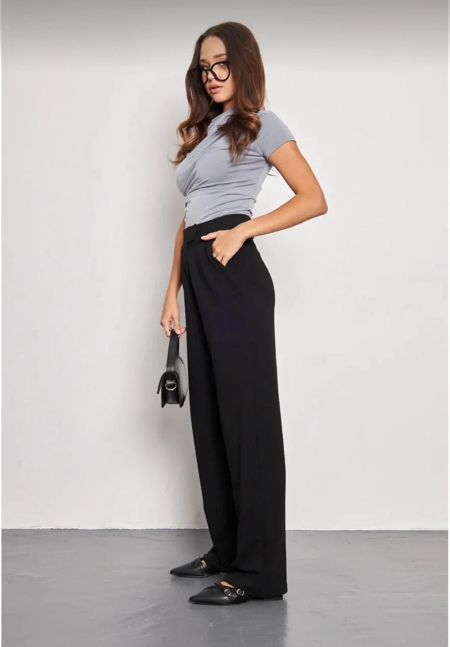 Kadin Likralı Cirt Kapama Siyah Palazzo Pantolon - Siyah - Görsel 2