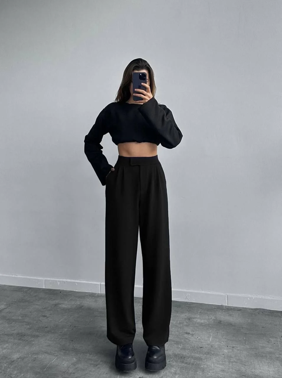 Kadin Likralı Cirt Kapama Siyah Palazzo Pantolon - Siyah - Görsel 5