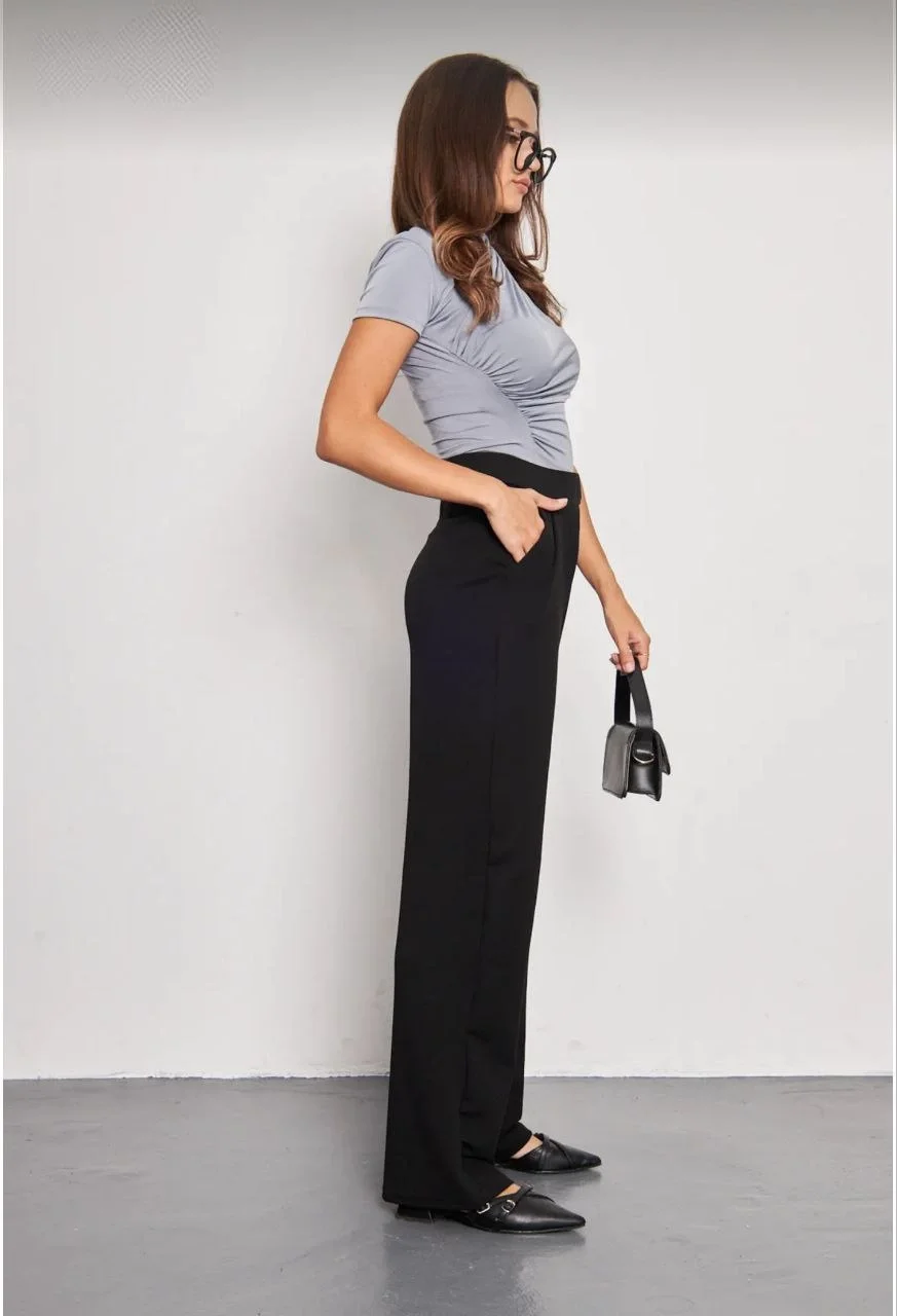 Kadin Likralı Cirt Kapama Siyah Palazzo Pantolon - Siyah - Görsel 4