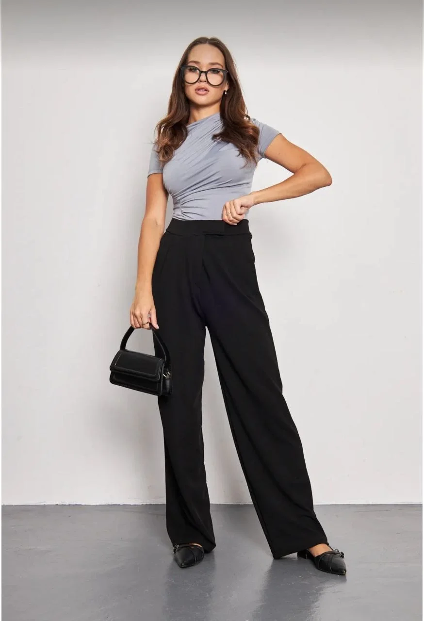 Kadin Likralı Cirt Kapama Siyah Palazzo Pantolon - Siyah - Görsel 6