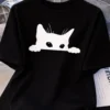 Kadınlar için Siyah Kedi Grafik Tişört - Oversize Kısa Kollu Üst Nefes Alabilir - Siyah