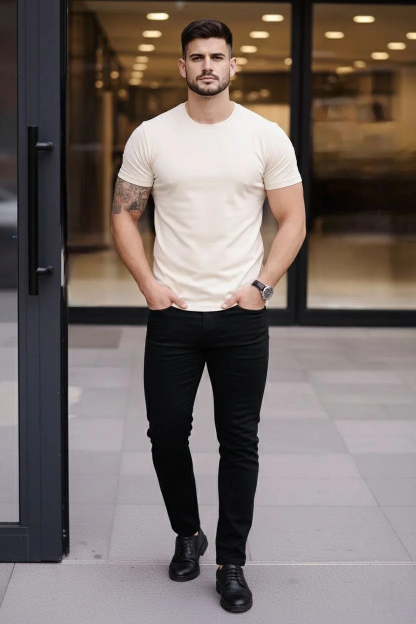 Erkek 2'li Bisiklet Yaka Tişört – Kısa Kollu Yazlık Slim Fit Body - Siyah & Ekru - Görsel 6