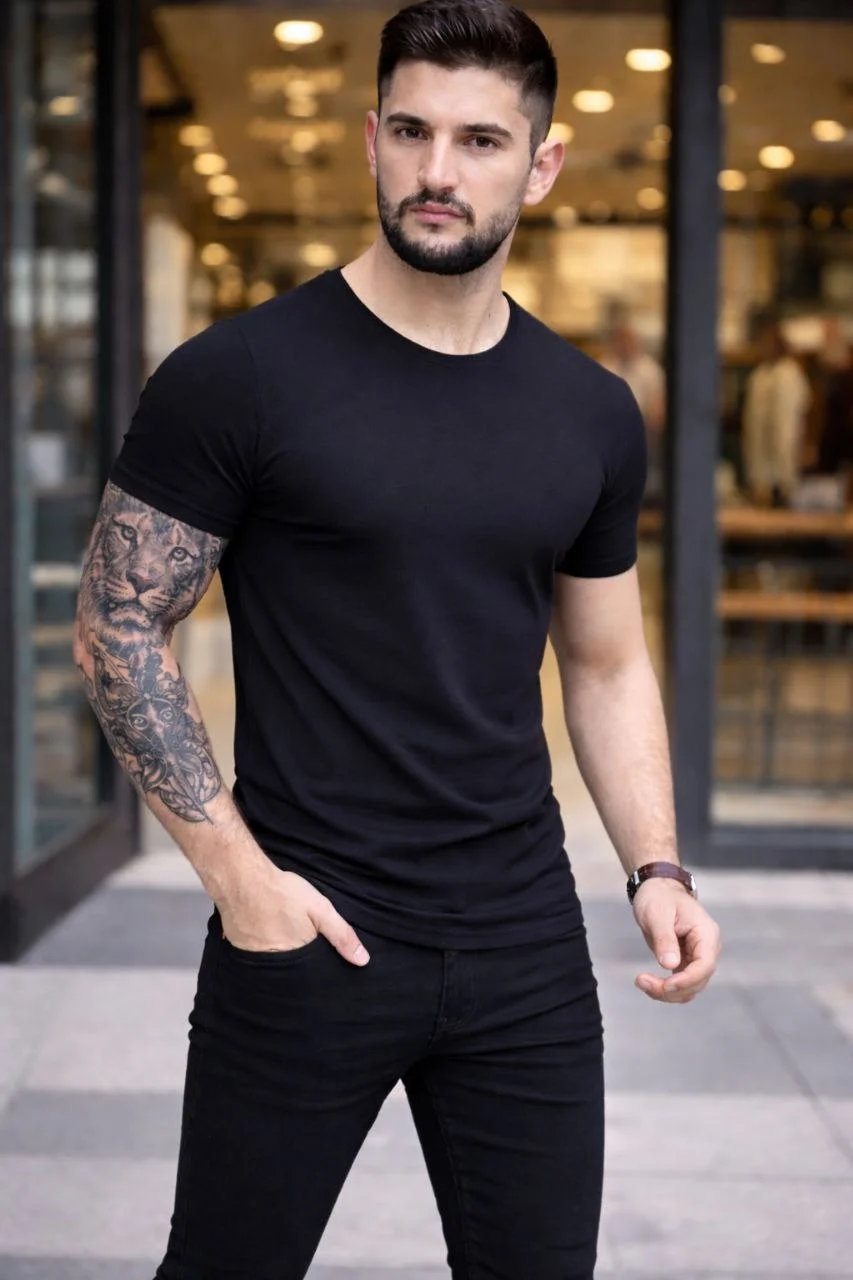 Erkek 2'li Bisiklet Yaka Tişört – Kısa Kollu Yazlık Slim Fit Body - Siyah & Lacivert - Görsel 3