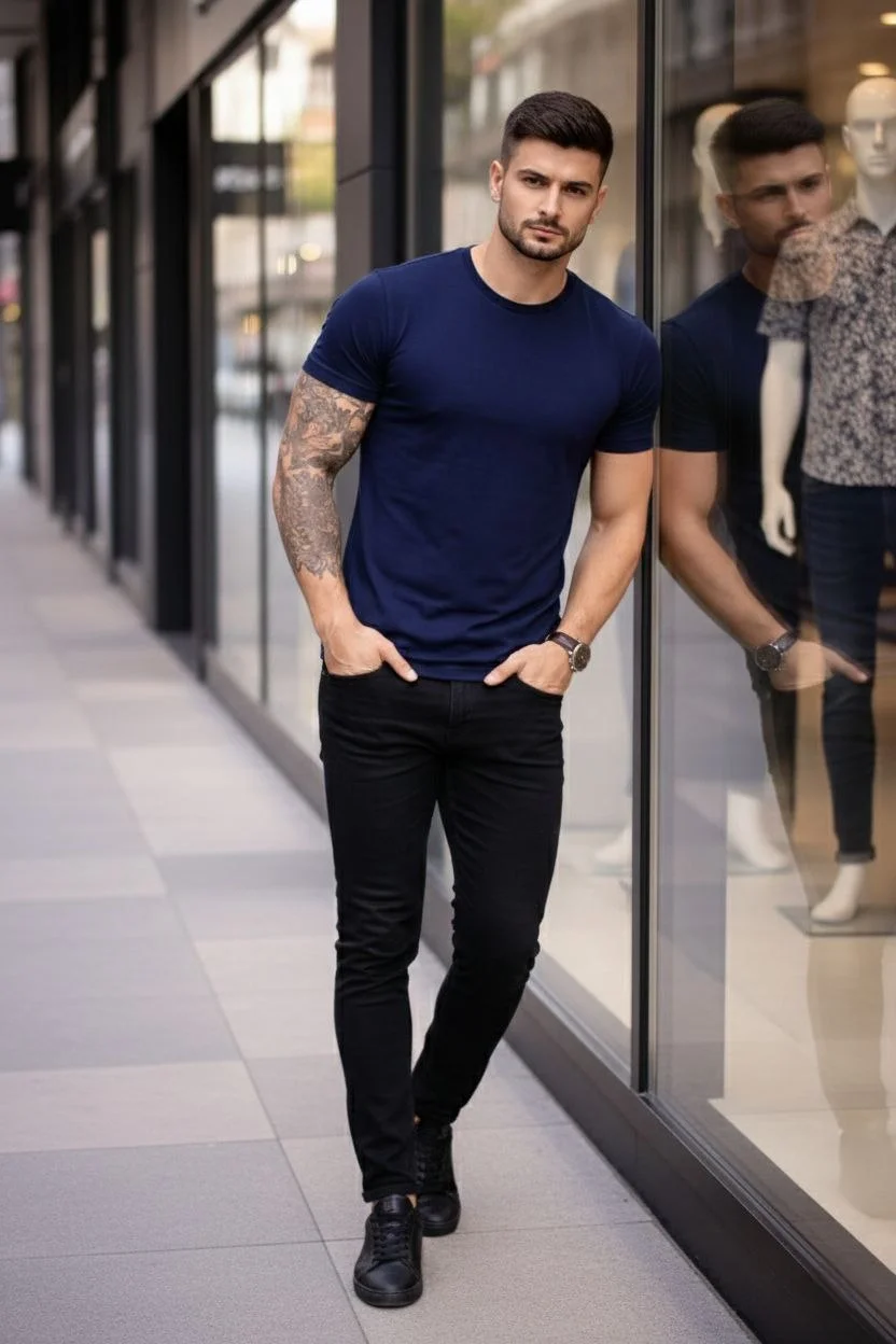 Erkek 2'li Bisiklet Yaka Tişört – Kısa Kollu Yazlık Slim Fit Body - Siyah & Lacivert - Görsel 7