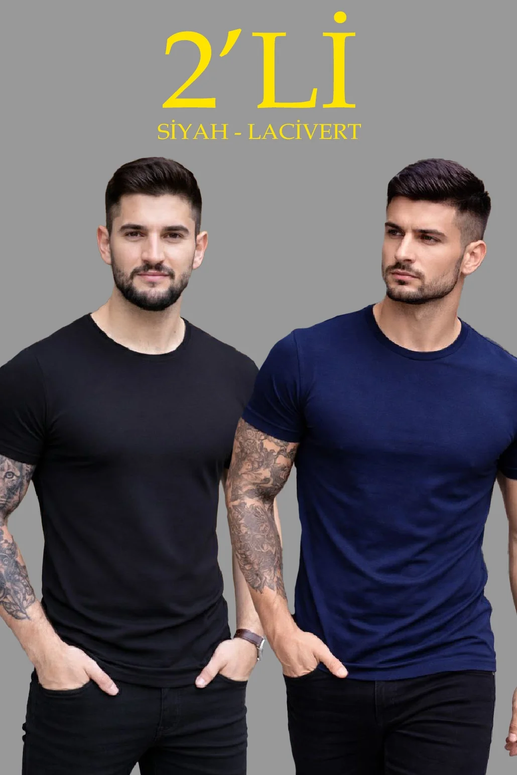 Erkek 2'li Bisiklet Yaka Tişört – Kısa Kollu Yazlık Slim Fit Body - Siyah & Lacivert