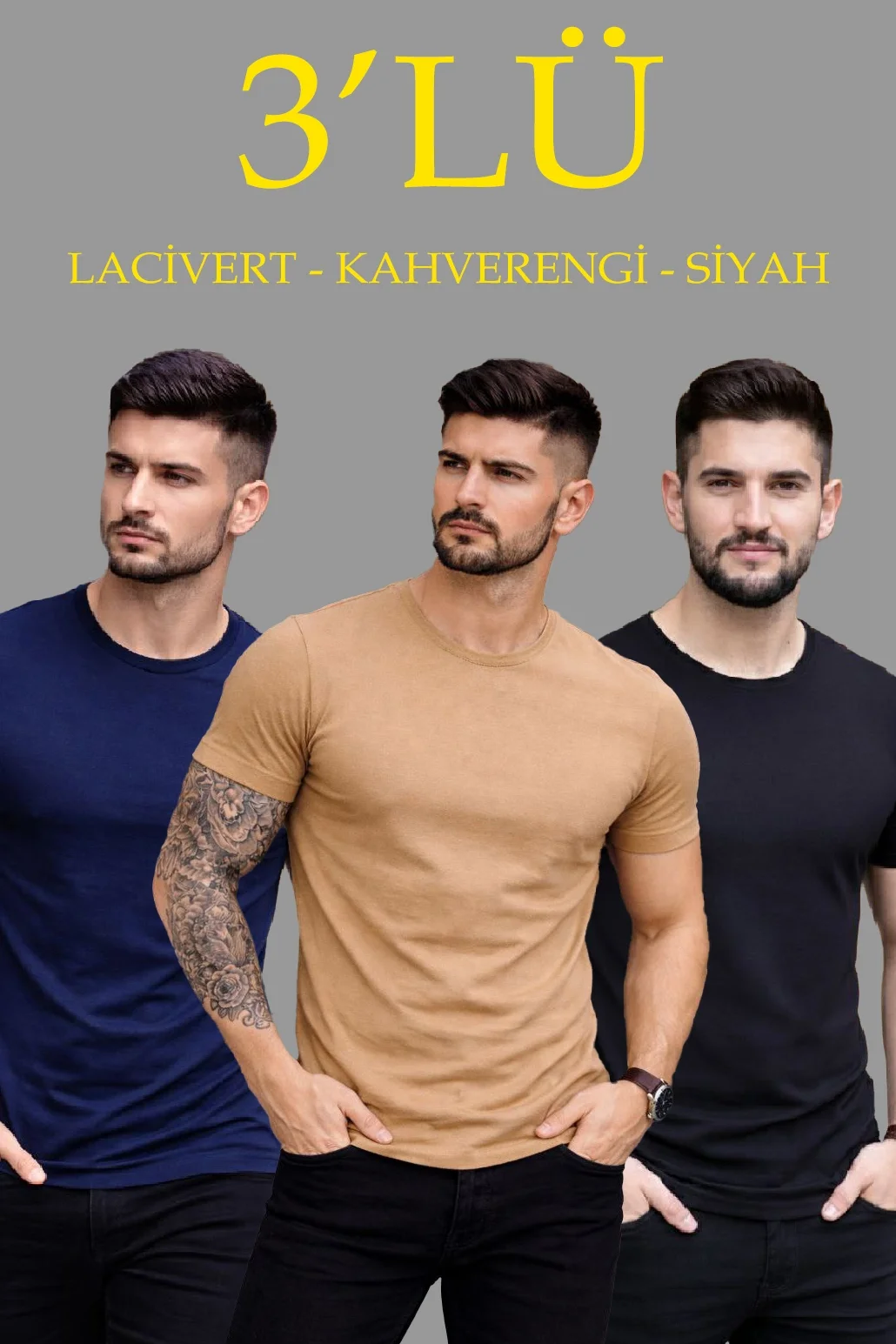 Erkek 3'lü Bisiklet Yaka Tişört – Kısa Kollu Yazlık Slim Fit Body - Siyah, Lacivert, Kahverengi