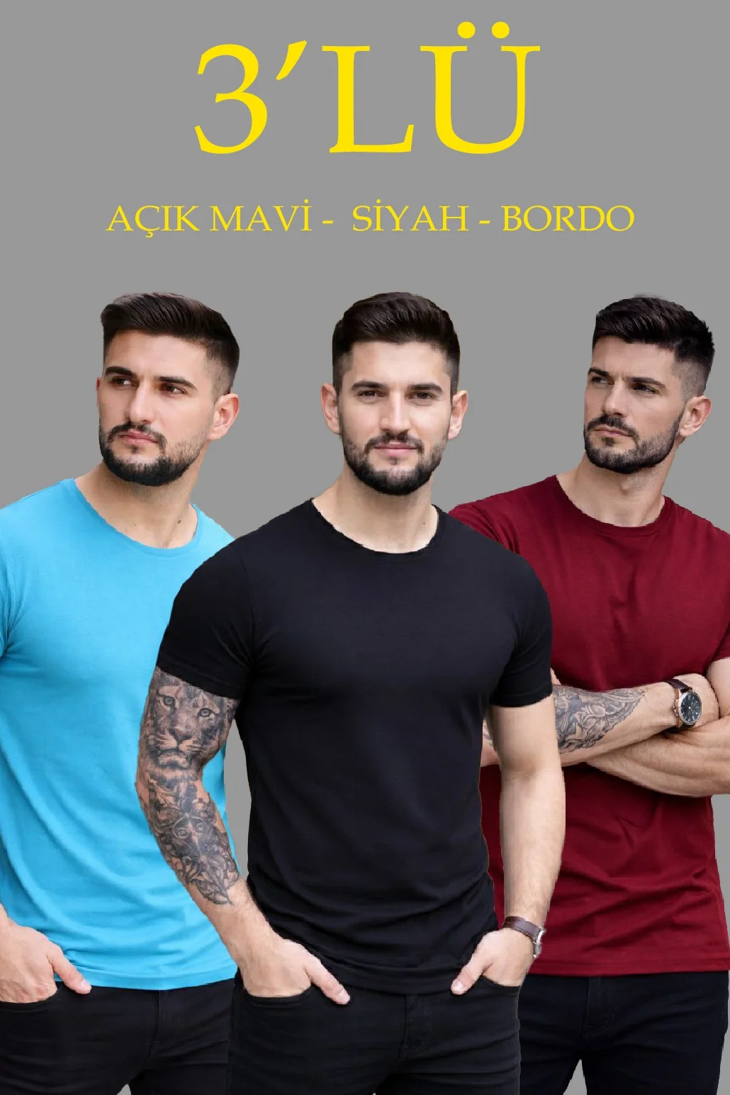 Erkek 3'lü Bisiklet Yaka Tişört – Kısa Kollu Yazlık Slim Fit Body - Siyah, Açık Mavi, Bordo