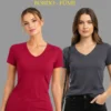Kadın 2'li V Yaka Tişört – Kısa Kollu Yazlık Slim Fit Body - Bordo & Füme