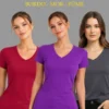 Kadın 3'lü V Yaka Tişört – Kısa Kollu Yazlık Slim Fit Body - Bordo, Mor, Füme