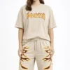 Kadın Bej Oversize Baskılı Tişört Şort Takım Cepli Şort Yazlık Rahat Günlük Kombin - Bej